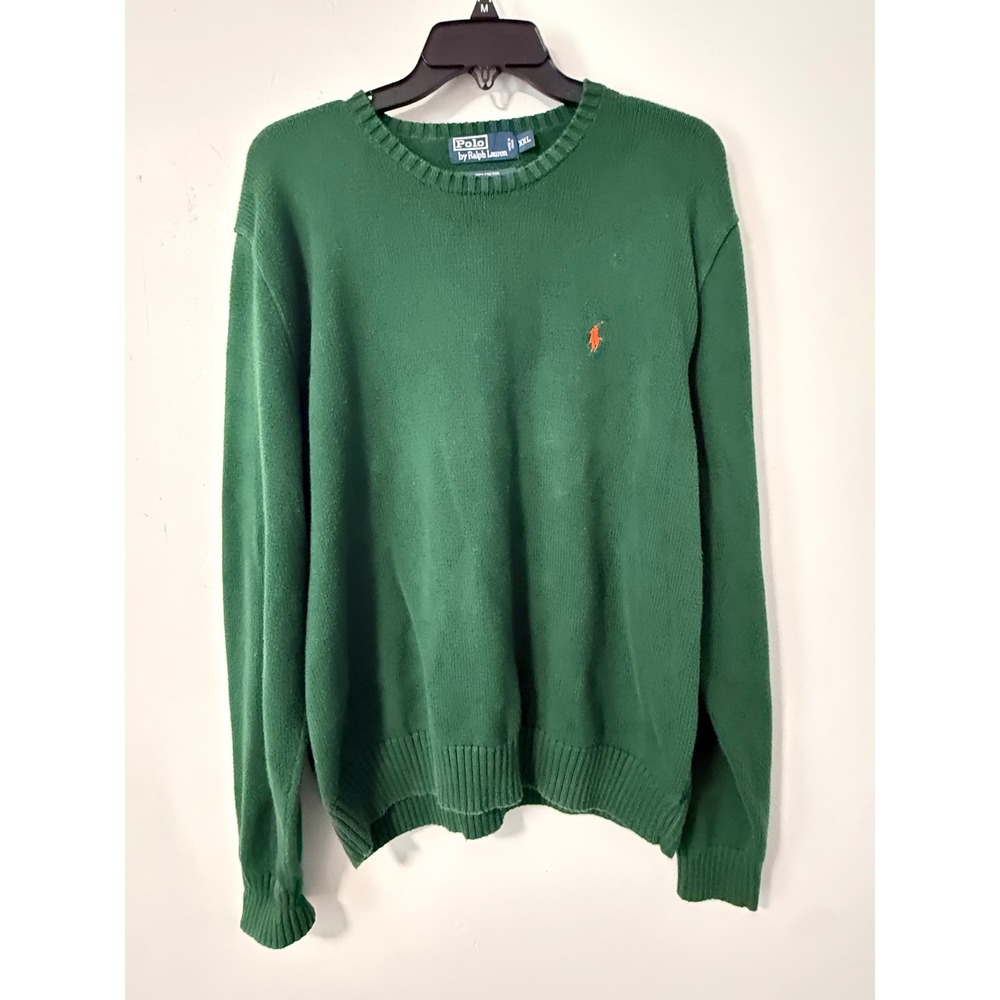 Polo Ralph Lauren Mens XXL Green Cotton Crewneck Sweater Orange Pony Logo